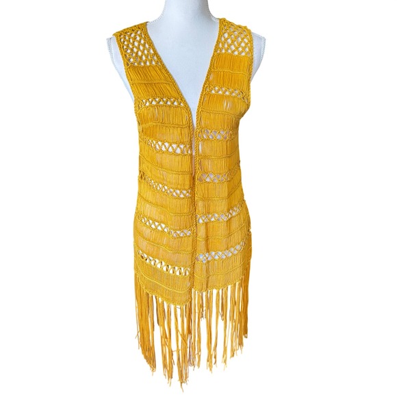 Rock & Roll Cowgirl Mustard Yellow Macrame Fringe Vest Longline Boho Women's L - Picture 13 of 13